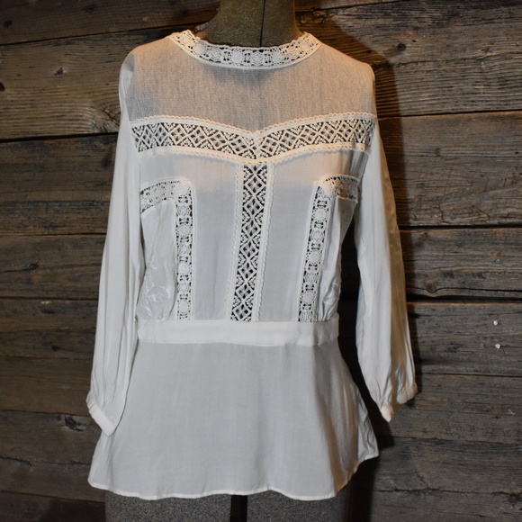 Miss Me Tops - Miss Me White Lace Mesh Detail Victorian Blouse XS
